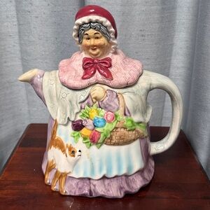 Vintage Takahashi Figural Peasant Woman Teapot  Basket of Flowers Cat